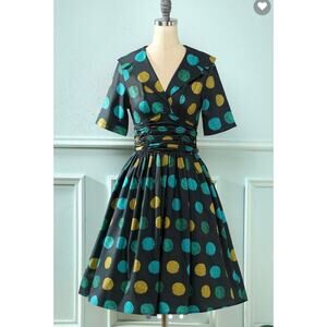 Zapaka 50s Style Dress, Fit and Flare, Gray, Blue and Green Polka Dots, Size L